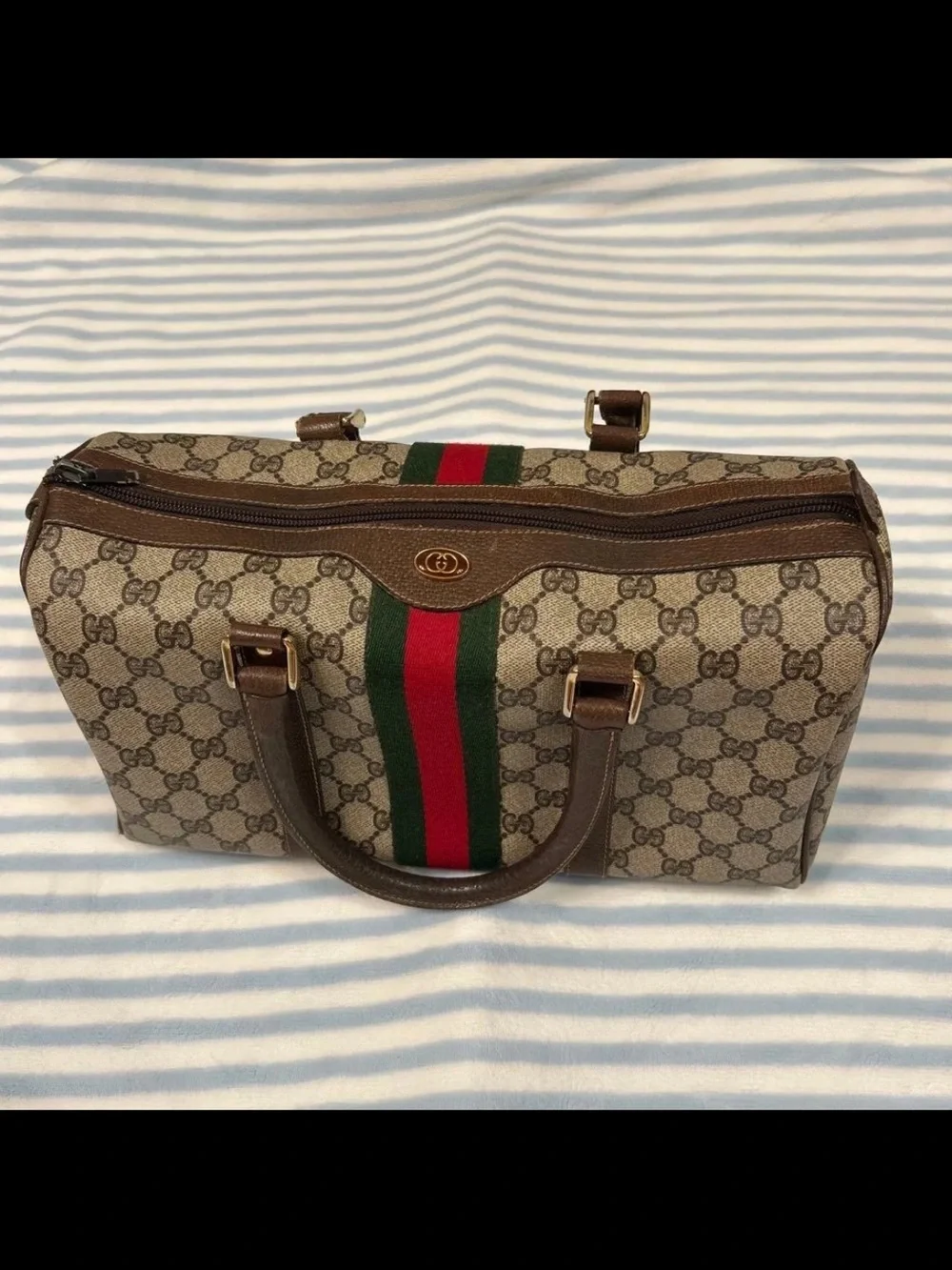 Gucci Beige GG Supreme Satchel with Green-Red Web Stripe